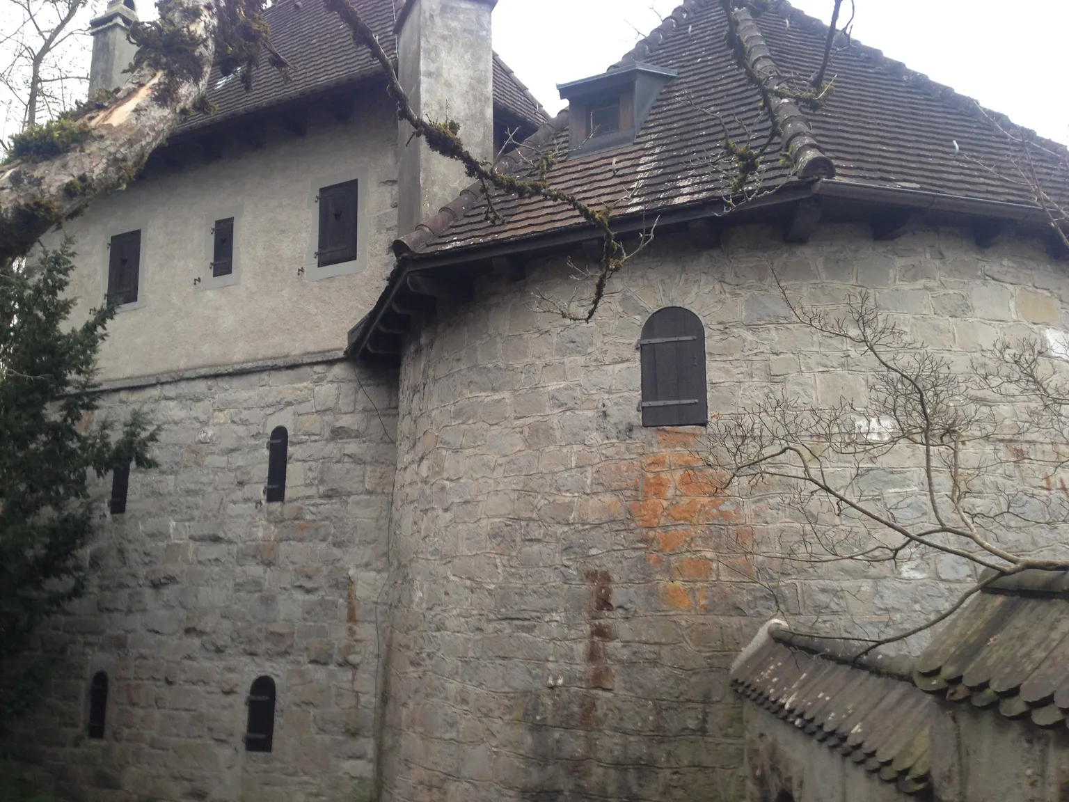 The Bollingen Tower on the shore of Lake Zurich: a round stone tower with small shuttered windows, joined to a taller tiled-roof structure, seen from below through bare branches.