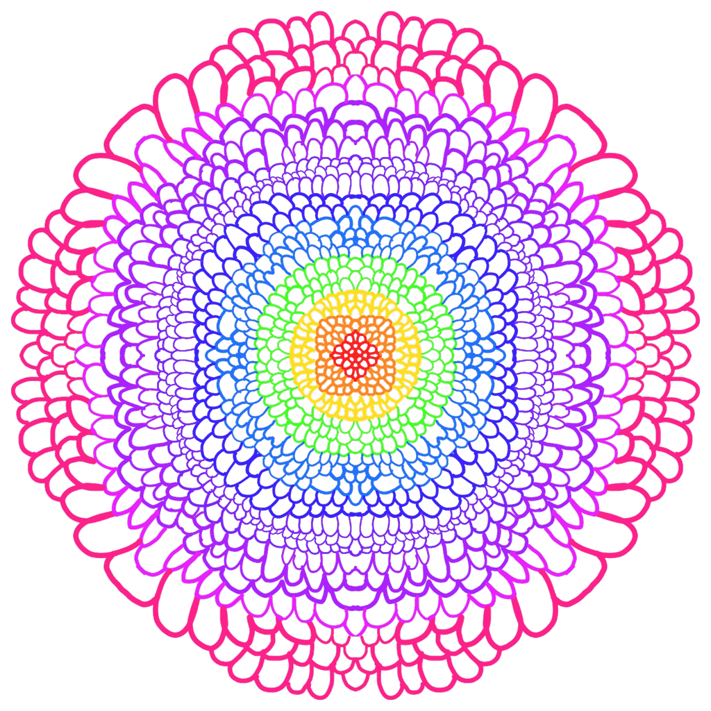 A rainbow mandala, hand-drawn, radiating from a warm center to a pink rim.